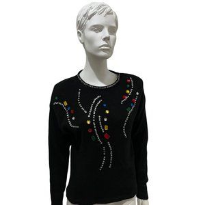 Vintage Bedazzled Bejeweled Rhinestone Sweater Black With Sequin Collar Sweater